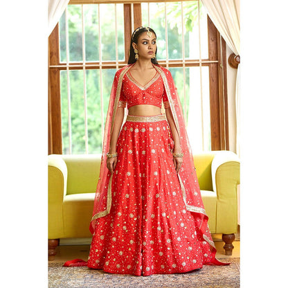 Bbaawri Red Silk Nakshi & Zardosi Hand Embroidered Lehenga with Blouse & Dupatta (Set of 3)