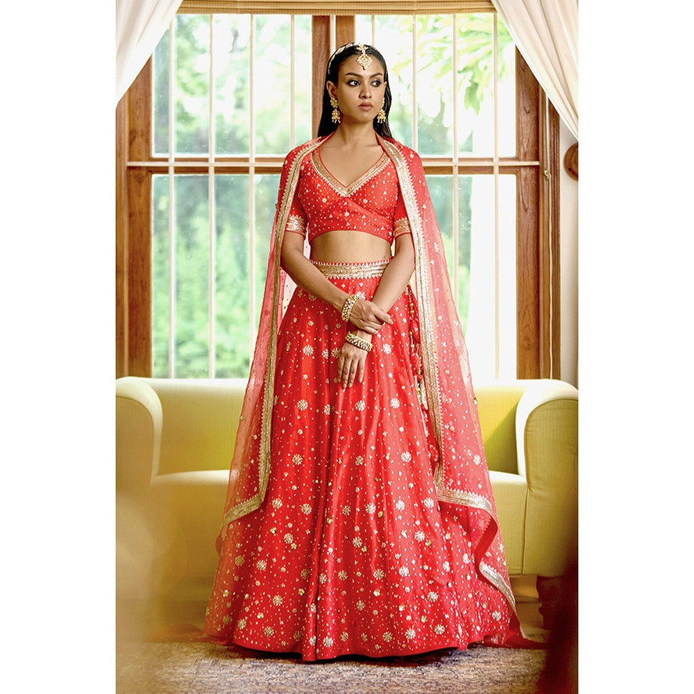 Bbaawri Red Silk Nakshi & Zardosi Hand Embroidered Lehenga with Blouse & Dupatta (Set of 3)