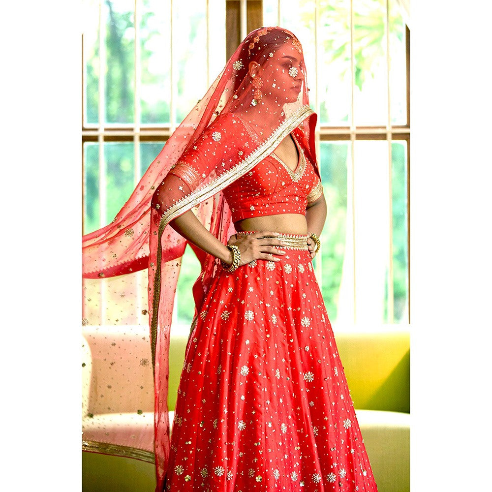 Bbaawri Red Silk Nakshi & Zardosi Hand Embroidered Lehenga with Blouse & Dupatta (Set of 3)