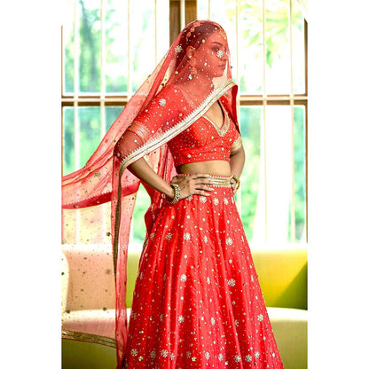 Bbaawri Red Silk Nakshi & Zardosi Hand Embroidered Lehenga with Blouse & Dupatta (Set of 3)