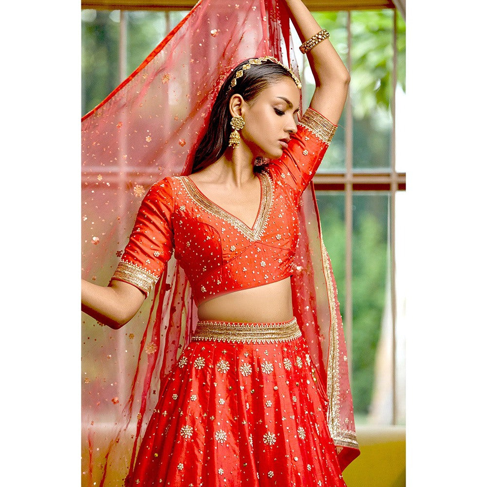 Bbaawri Red Silk Nakshi & Zardosi Hand Embroidered Lehenga with Blouse & Dupatta (Set of 3)