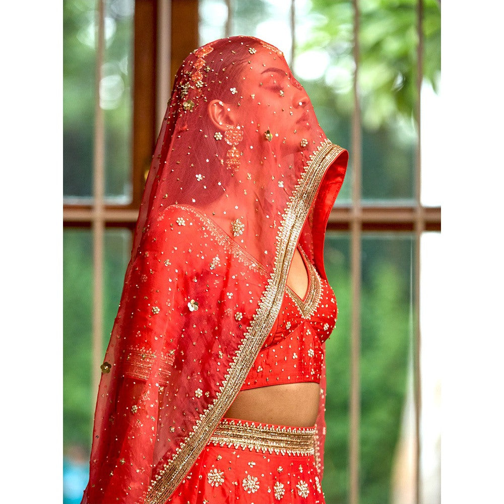 Bbaawri Red Silk Nakshi & Zardosi Hand Embroidered Lehenga with Blouse & Dupatta (Set of 3)