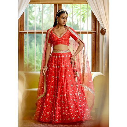 Bbaawri Red Silk Nakshi & Zardosi Hand Embroidered Lehenga with Blouse & Dupatta (Set of 3)