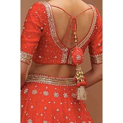 Bbaawri Red Silk Nakshi & Zardosi Hand Embroidered Lehenga with Blouse & Dupatta (Set of 3)