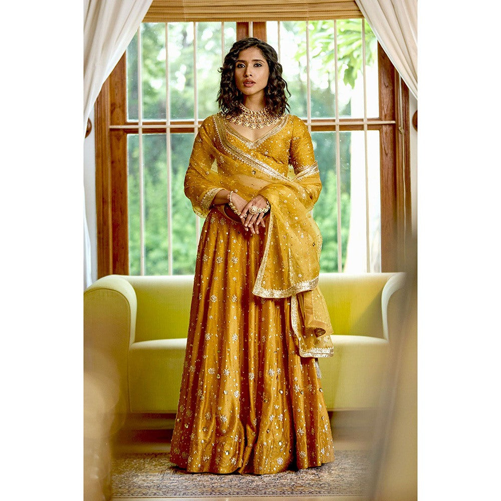 Bbaawri Golden Silk Nakshi & Zardosi Hand Embroidered Lehenga with Blouse & Dupatta (Set of 3)