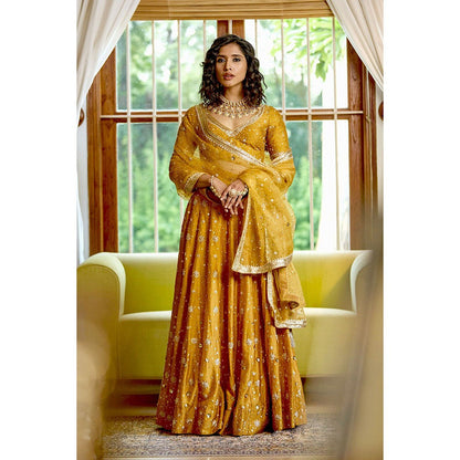 Bbaawri Golden Silk Nakshi & Zardosi Hand Embroidered Lehenga with Blouse & Dupatta (Set of 3)