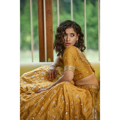 Bbaawri Golden Silk Nakshi & Zardosi Hand Embroidered Lehenga with Blouse & Dupatta (Set of 3)