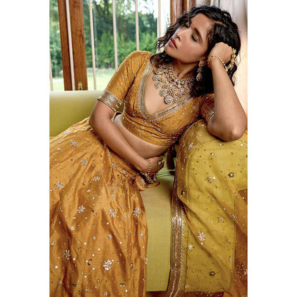 Bbaawri Golden Silk Nakshi & Zardosi Hand Embroidered Lehenga with Blouse & Dupatta (Set of 3)