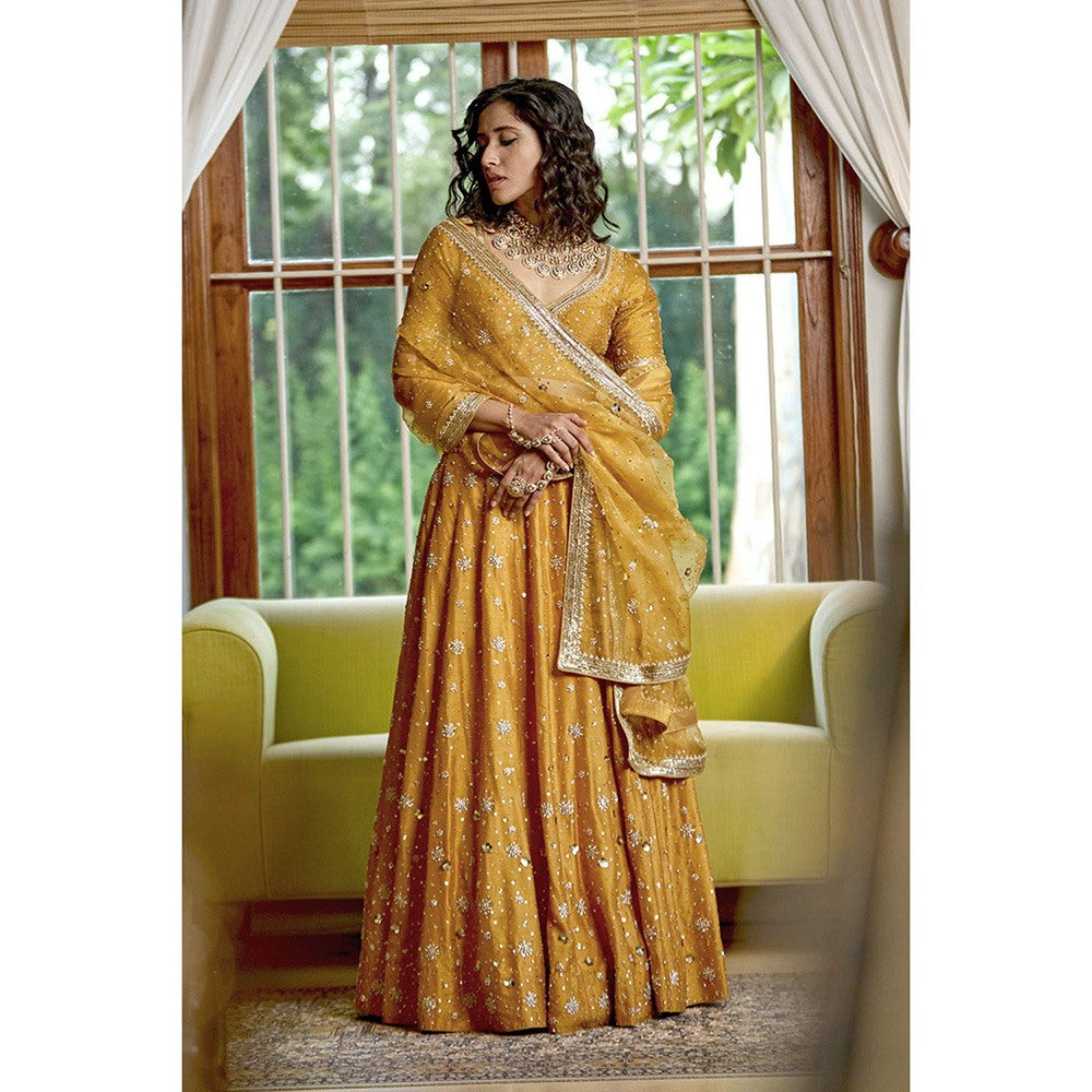 Bbaawri Golden Silk Nakshi & Zardosi Hand Embroidered Lehenga with Blouse & Dupatta (Set of 3)