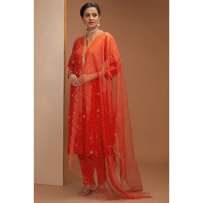 Bbaawri Tangy Red Embroidered Kali Kurta with Pant & Dupatta (Set of 3)