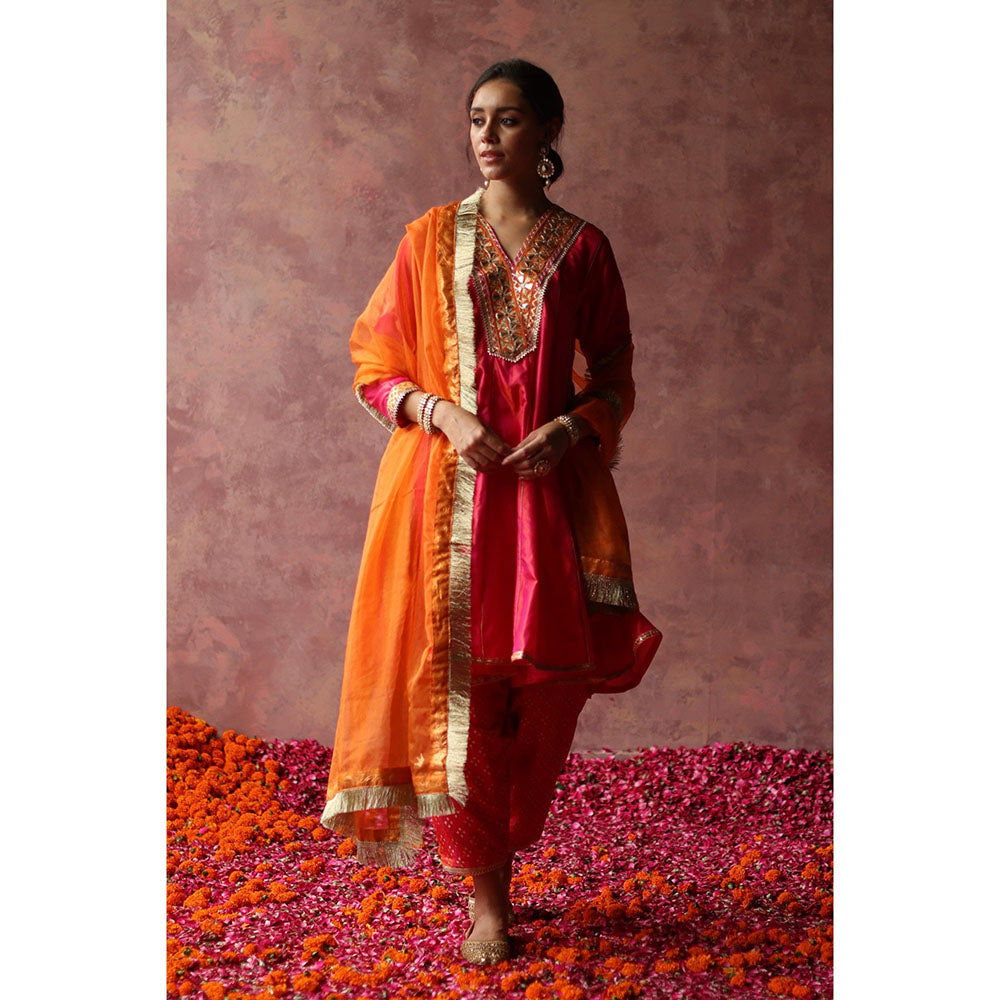Begum Pret Rumi Pink Orange Kurta (Set of 3)