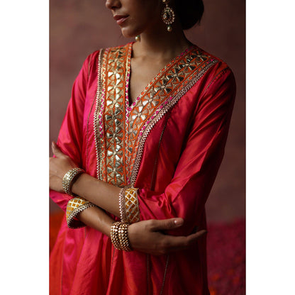 Begum Pret Rumi Pink Orange Kurta (Set of 3)