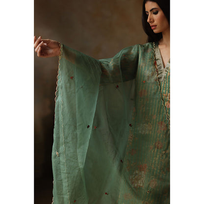 Begum Pret Ikai Green Kurta with Pant and Dupatta (Set of 3)