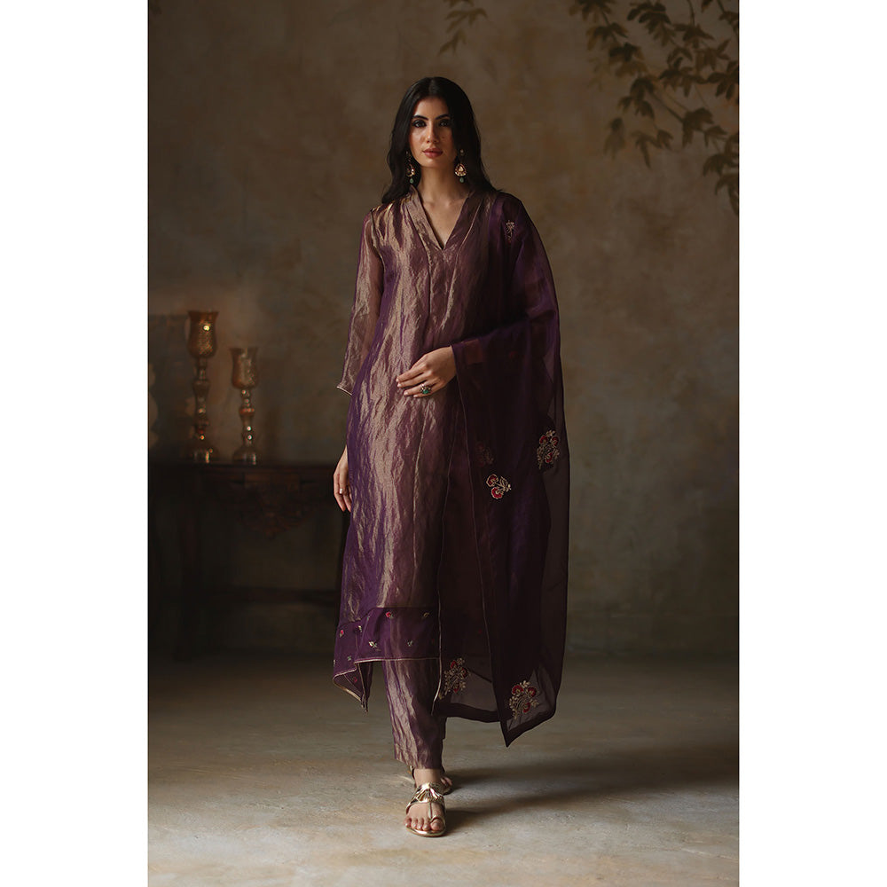 Begum Pret Ayat Metallic Purple Kurta with Pant and Dupatta (Set of 3)
