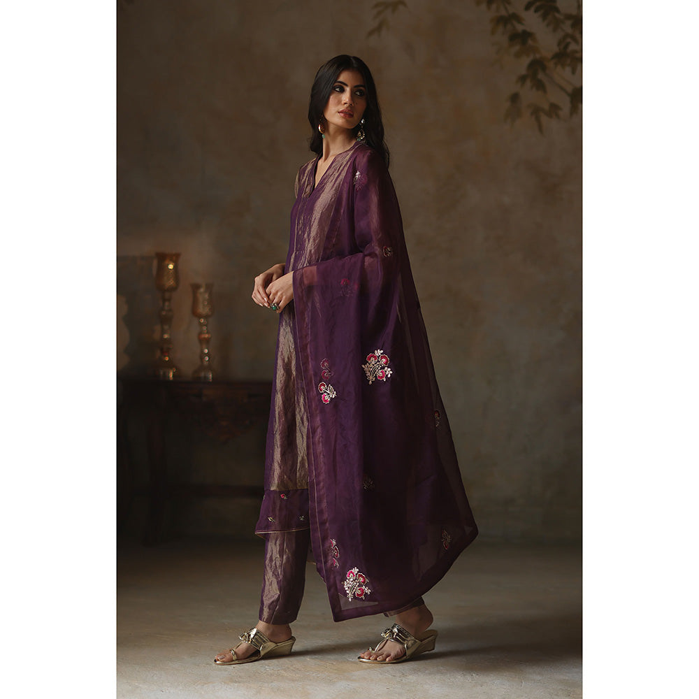 Begum Pret Ayat Metallic Purple Kurta with Pant and Dupatta (Set of 3)
