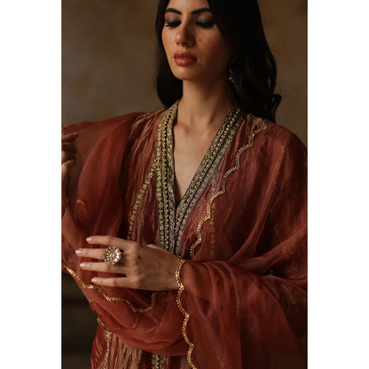 Begum Pret Asma Burnt Orange Kurta with Pant and Dupatta (Set of 3)