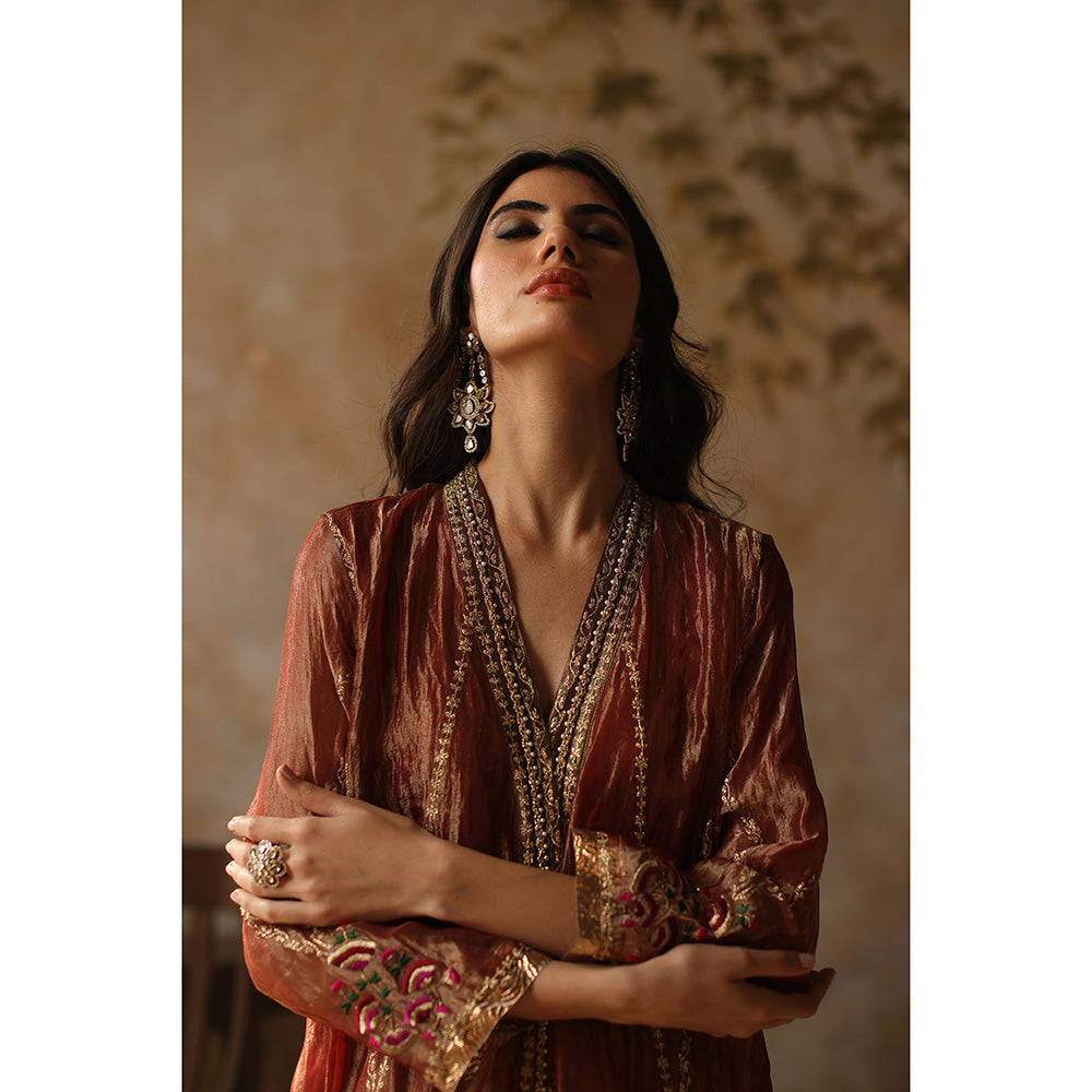 Begum Pret Asma Burnt Orange Kurta with Pant and Dupatta (Set of 3)