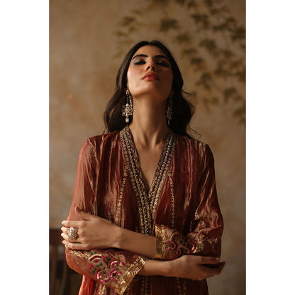 Begum Pret Asma Burnt Orange Kurta with Pant and Dupatta (Set of 3)