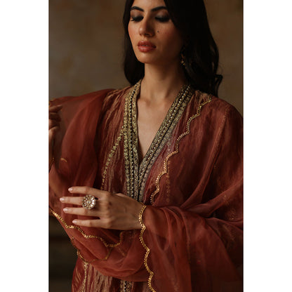 Begum Pret ASMA Rust Kurta with Pant & Dupatta (Set of 3)