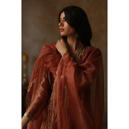 Begum Pret ASMA Rust Kurta with Pant & Dupatta (Set of 3)