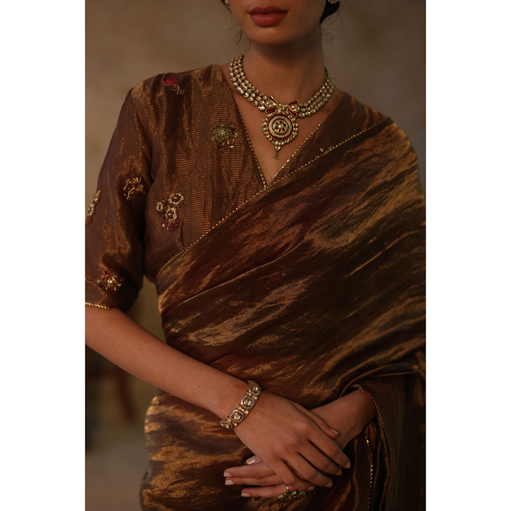 Begum Pret FARHANA Brown Embellished Saree with Stitched Blouse