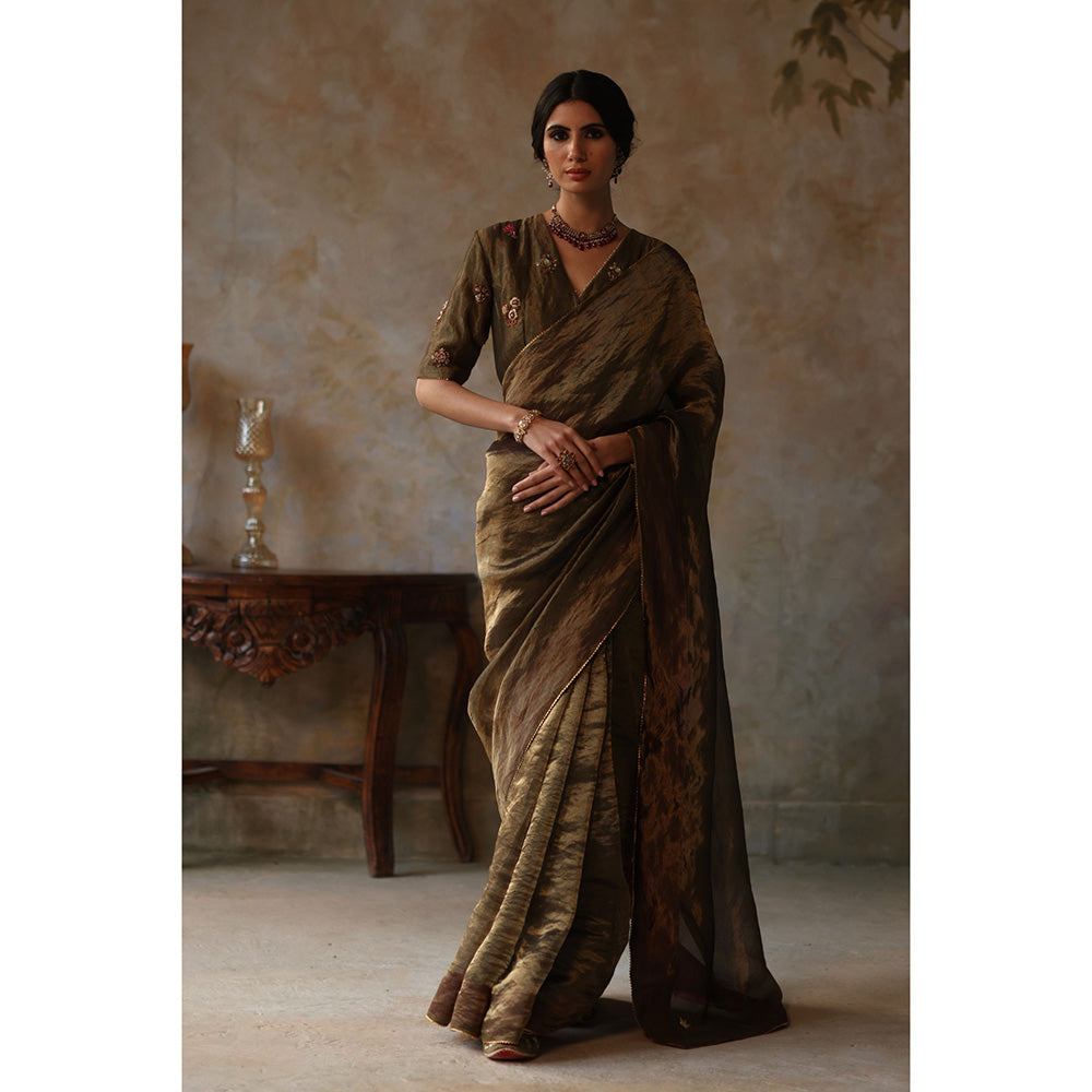 Begum Pret FARHANA Olive Green Embellished Saree with Stitched Blouse