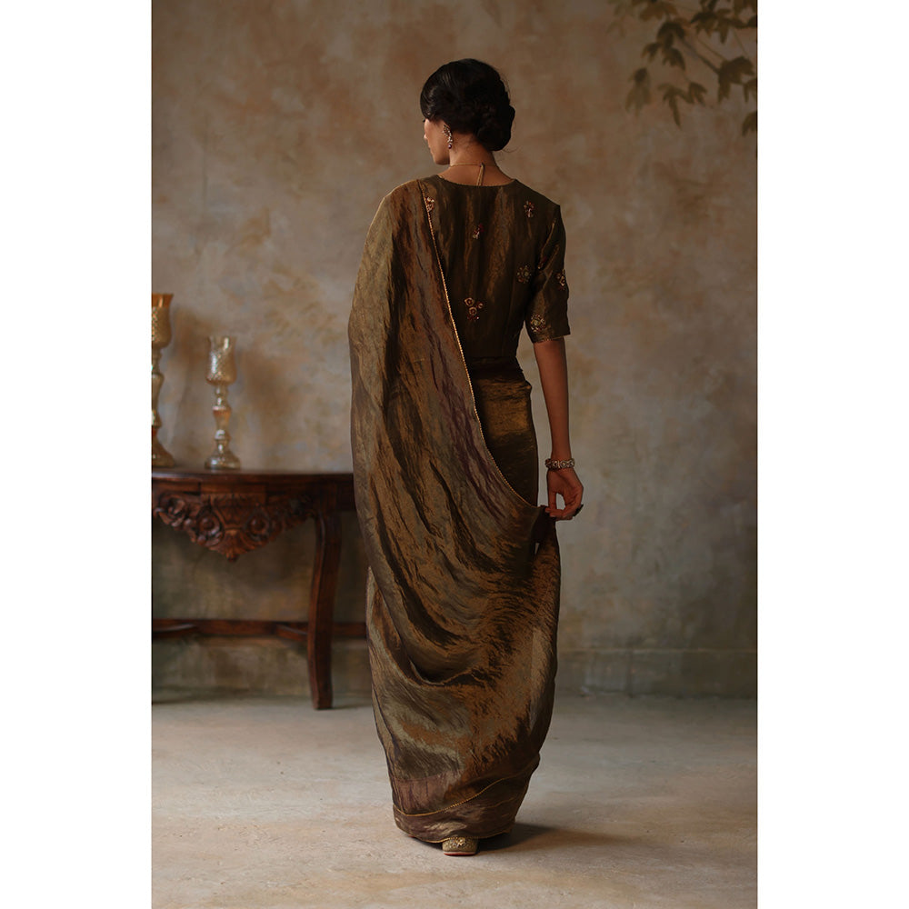 Begum Pret FARHANA Olive Green Embellished Saree with Stitched Blouse
