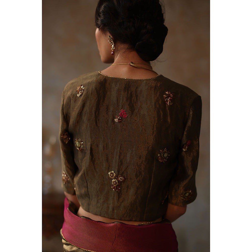 Begum Pret FARHANA Olive Green Embellished Saree with Stitched Blouse