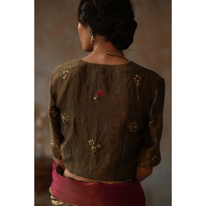 Begum Pret FARHANA Olive Green Embellished Saree with Stitched Blouse