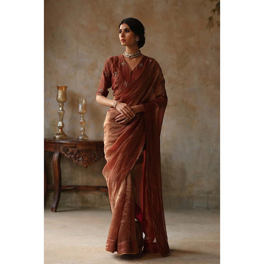 Begum Pret FARHANA Rust Embellished Saree with Stitched Blouse