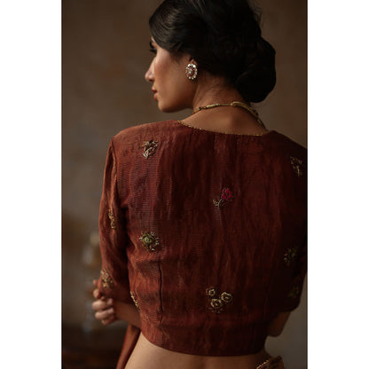 Begum Pret FARHANA Rust Embellished Saree with Stitched Blouse
