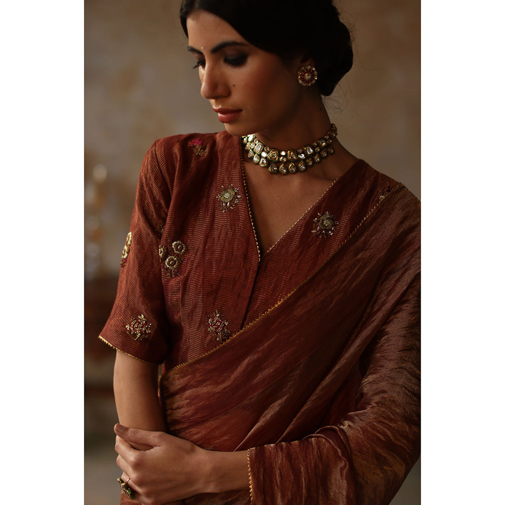 Begum Pret FARHANA Rust Embellished Saree with Stitched Blouse