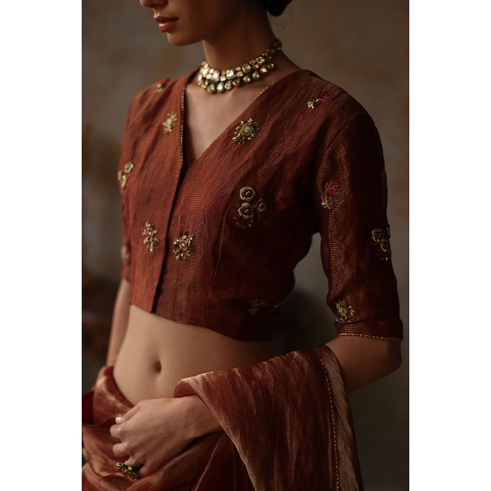 Begum Pret FARHANA Rust Embellished Saree with Stitched Blouse
