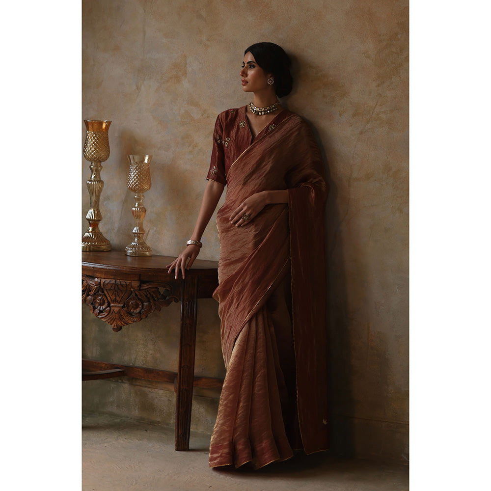 Begum Pret FARHANA Rust Embellished Saree with Stitched Blouse