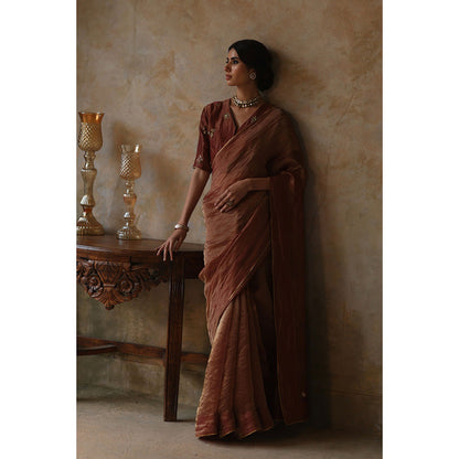 Begum Pret FARHANA Rust Embellished Saree with Stitched Blouse