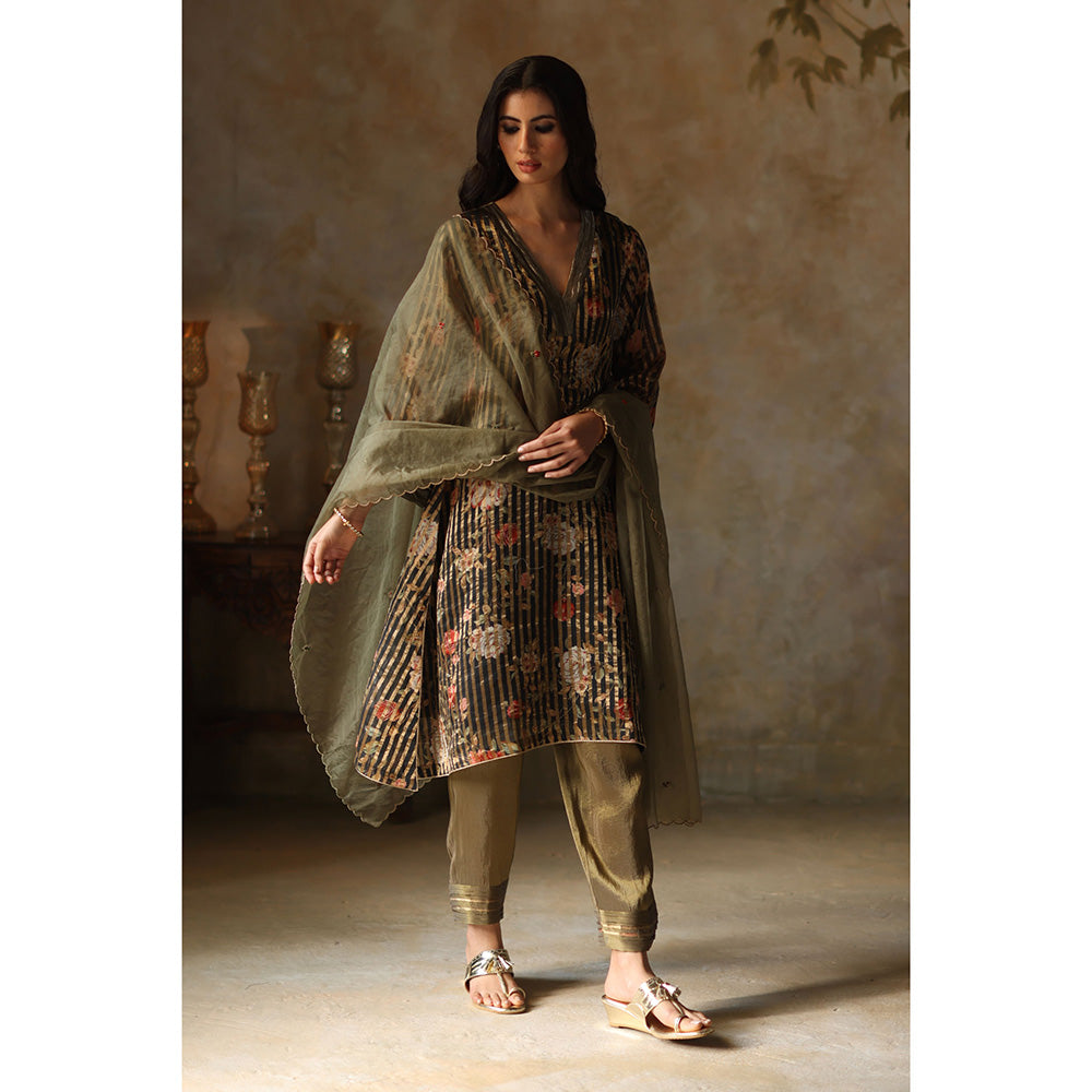 Begum Pret IKAI Black & Olive Floral Kurta with Pant & Dupatta (Set of 3)