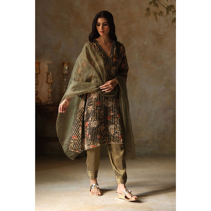 Begum Pret IKAI Black & Olive Floral Kurta with Pant & Dupatta (Set of 3)
