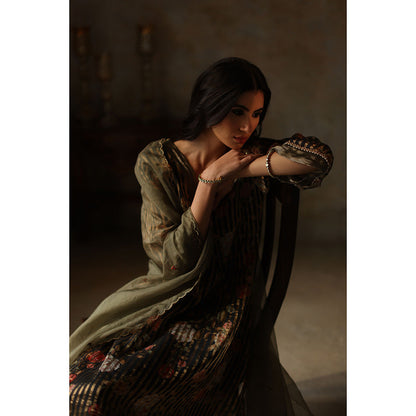 Begum Pret IKAI Black & Olive Floral Kurta with Pant & Dupatta (Set of 3)