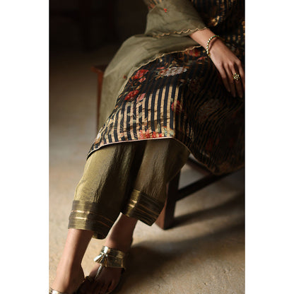 Begum Pret IKAI Black & Olive Floral Kurta with Pant & Dupatta (Set of 3)