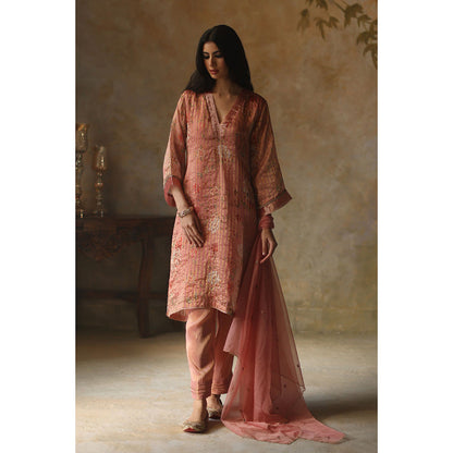 Begum Pret IKAI Peach & Gold Floral Kurta with Pant & Dupatta (Set of 3)