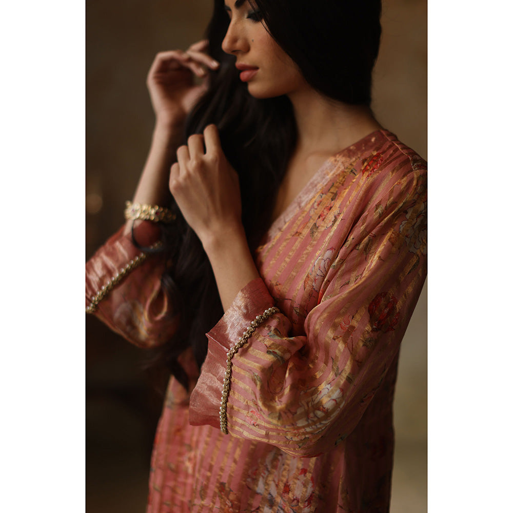 Begum Pret IKAI Peach & Gold Floral Kurta with Pant & Dupatta (Set of 3)