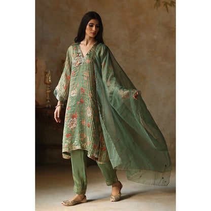 Begum Pret IKAI Sea Green Floral Kurta with Pant & Dupatta (Set of 3)