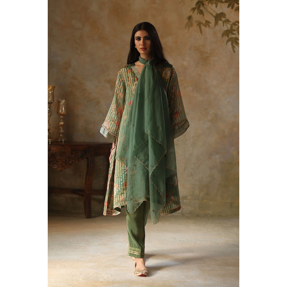Begum Pret IKAI Sea Green Floral Kurta with Pant & Dupatta (Set of 3)
