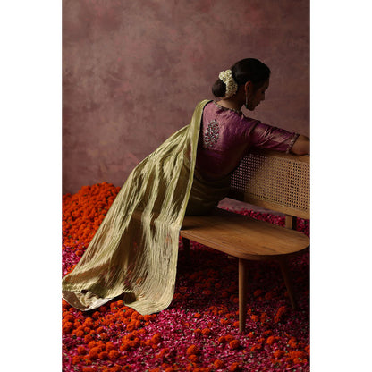Begum Pret KALISTA Green Embellished Saree with Purple Stitched Blouse