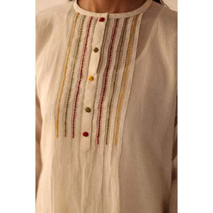 Begum Pret White Aqsa Kurta with Pant and slip (Set of 3)