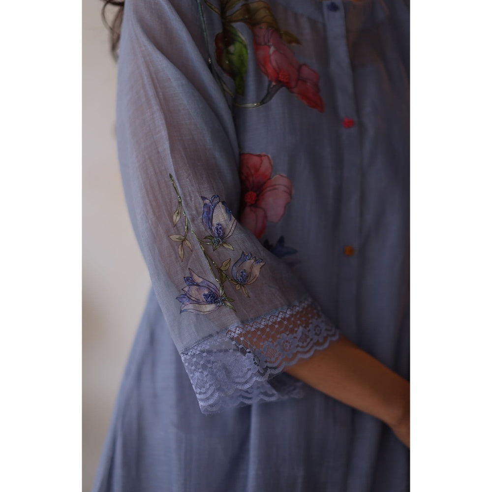 Begum Pret Blue Amaltas Kurta with Pant with slip and Dupatta (Set of 4)