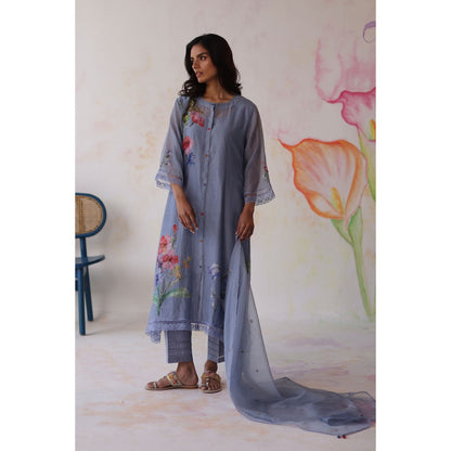 Begum Pret Blue Amaltas Kurta with Pant with slip and Dupatta (Set of 4)