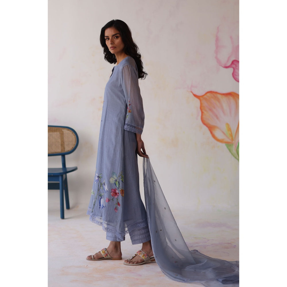 Begum Pret Blue Amaltas Kurta with Pant with slip and Dupatta (Set of 4)