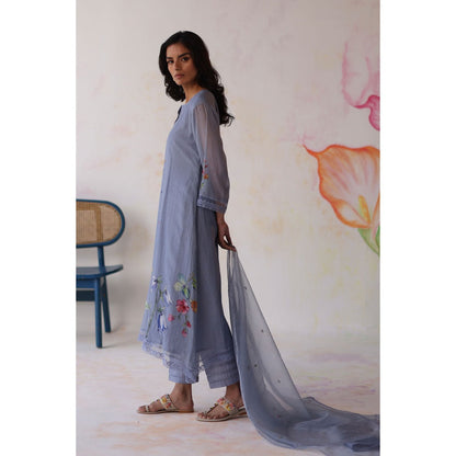 Begum Pret Blue Amaltas Kurta with Pant with slip and Dupatta (Set of 4)