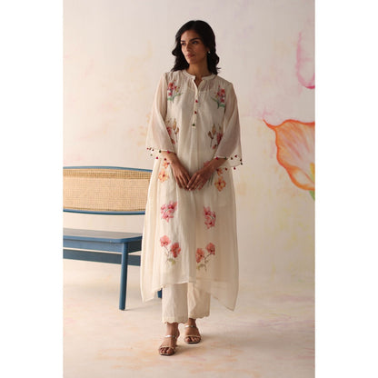 Begum Pret White Pista Kurta with Pant and slip (Set of 3)